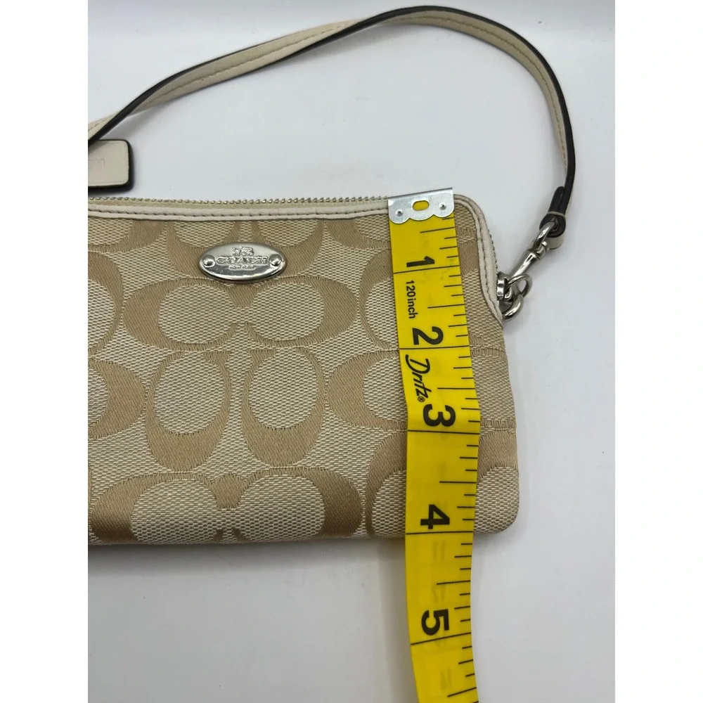 Coach Signature Canvas‎ Wristlet Pouch Beige Tan Leather Trim Charm
